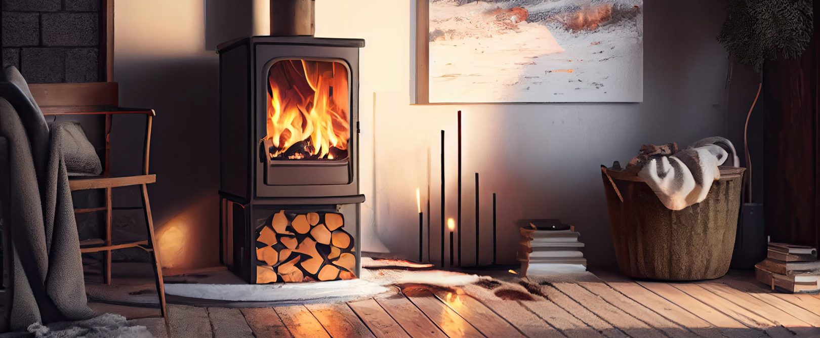 Cosy warm home wood burning stove with a large pile of logs ready to burn
