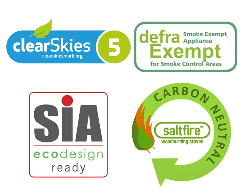 Eco-friendly stove certification logos for clean burning.