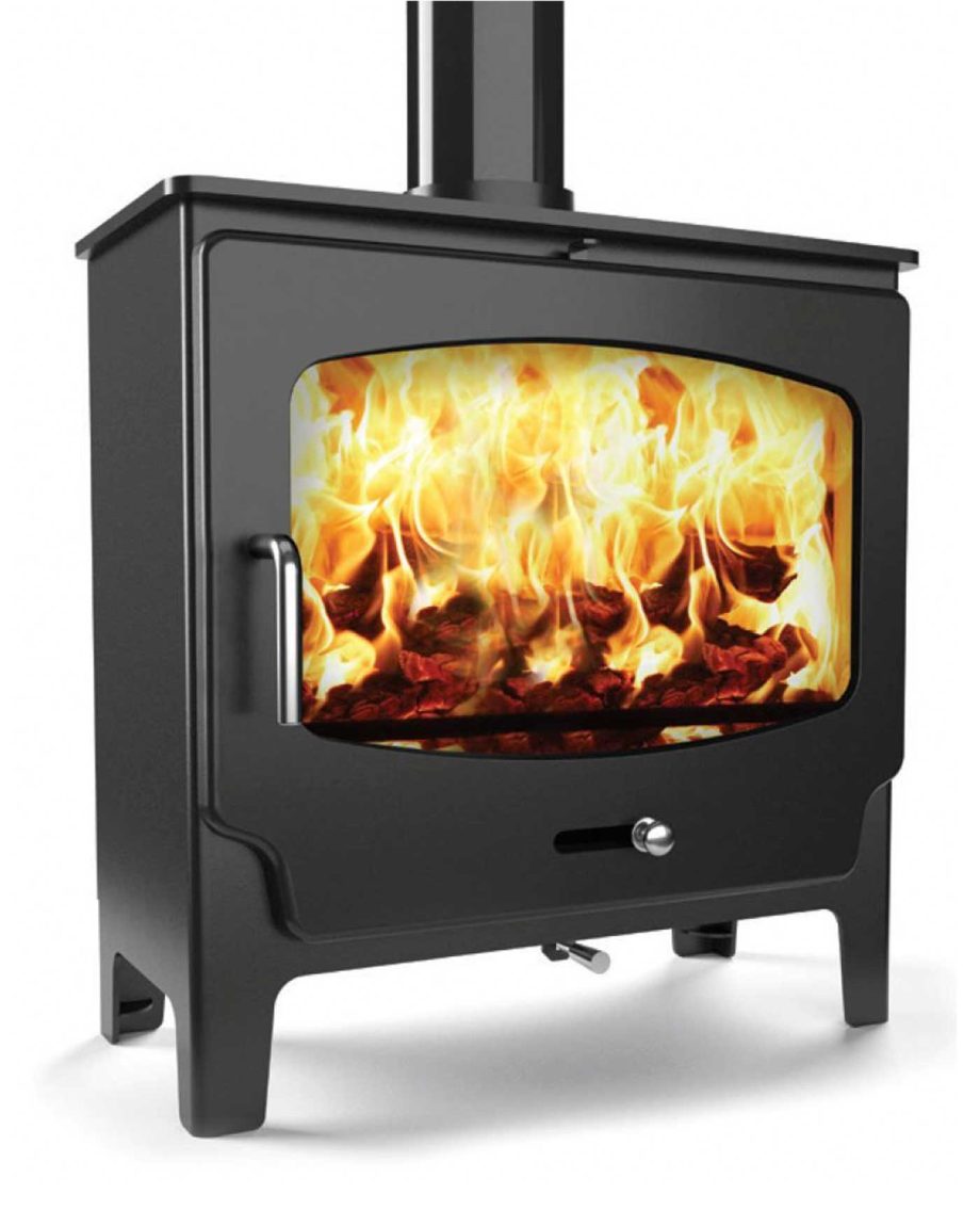 Modern wood-burning stove with visible flames.