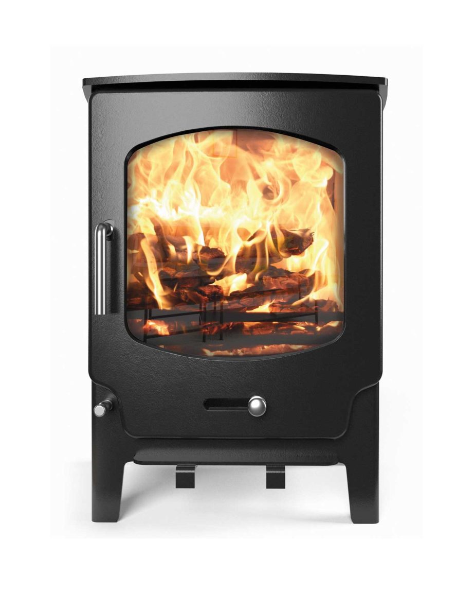 Modern wood-burning stove in operation.